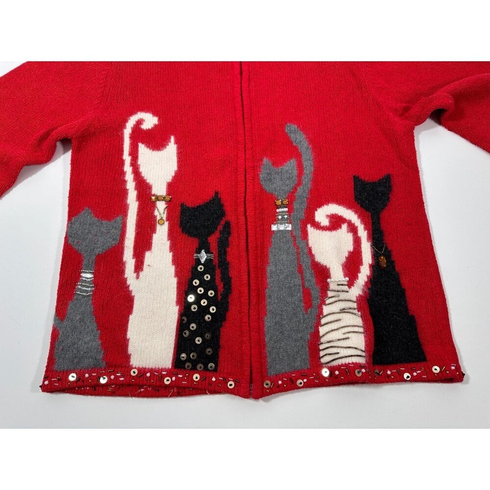 Coldwater‎ Creek Red Bejeweled Cats Kitchy Zip Sweater Jacket Size L - Picture 4 of 16